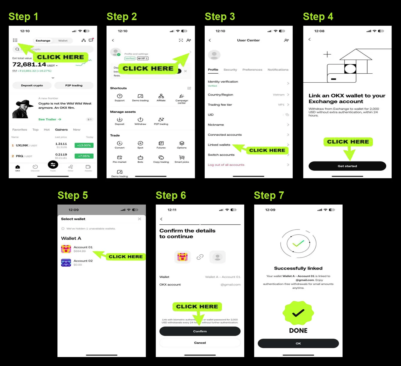 OKX Wallet을 OKX 거래소 계정에 연결하는 7단계 앱 화면