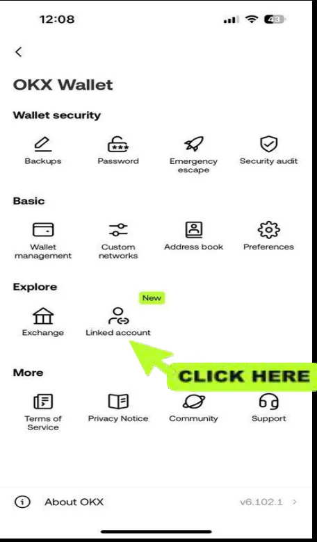 Backups, Password, Emergency escape, Security audit가 있는 OKX Wallet 보안 메뉴