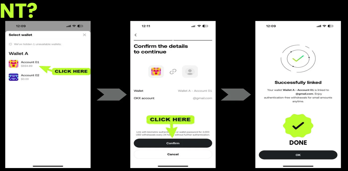 Màn hình OKX Wallet: chọn Account 01 hoặc Account 02 trong Wallet A, xác nhận và màn hình thành công
