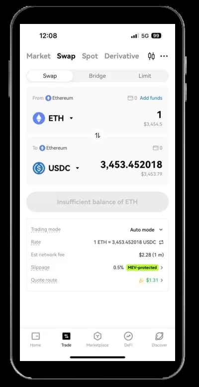 ETH에서 USDC로 바꾸는 OKX Wallet 스왑 화면(환율, 네트워크 수수료, 슬리피지, 견적 경로)